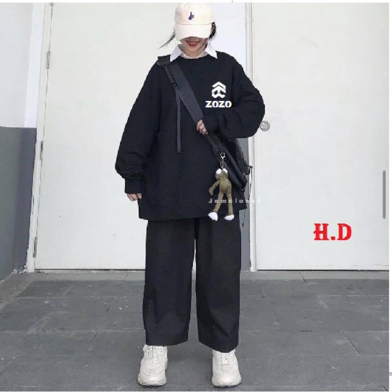 Set 3 món bộ nỉ đen zozo + áo sơ mi quần đen ống rộng