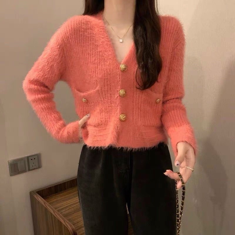 Áo khoác cardigan len lông khuy đồng sang xịn hàng QC