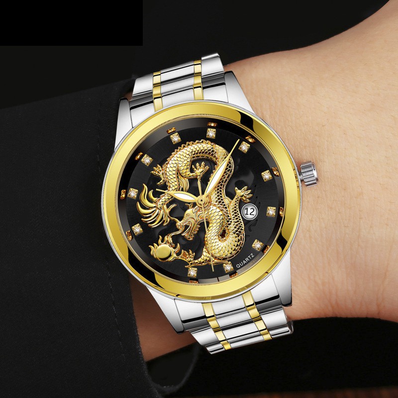 Đồng hồ nam DRAGON 3D nổi bật lịch ngày dây thép sang trọng
