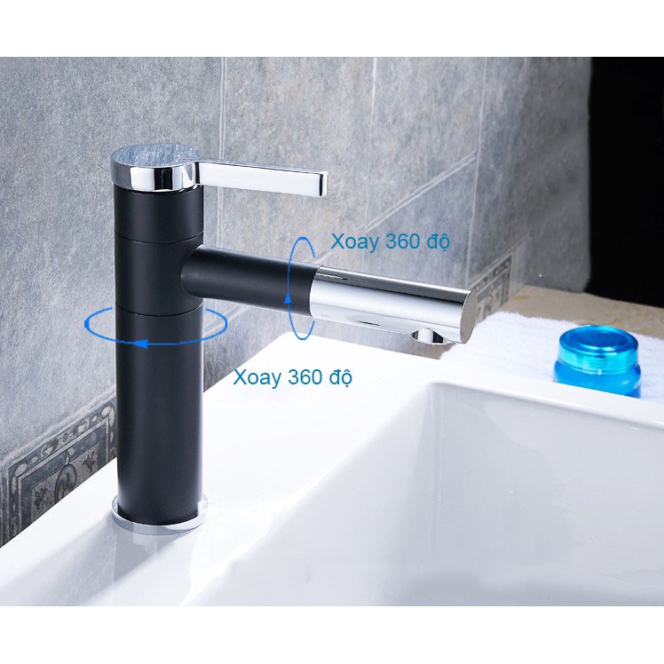Vòi lavabo nóng lạnh bằng đồng hình trụ tròn 20cm sơn tĩnh điện đen bạc cao cấp