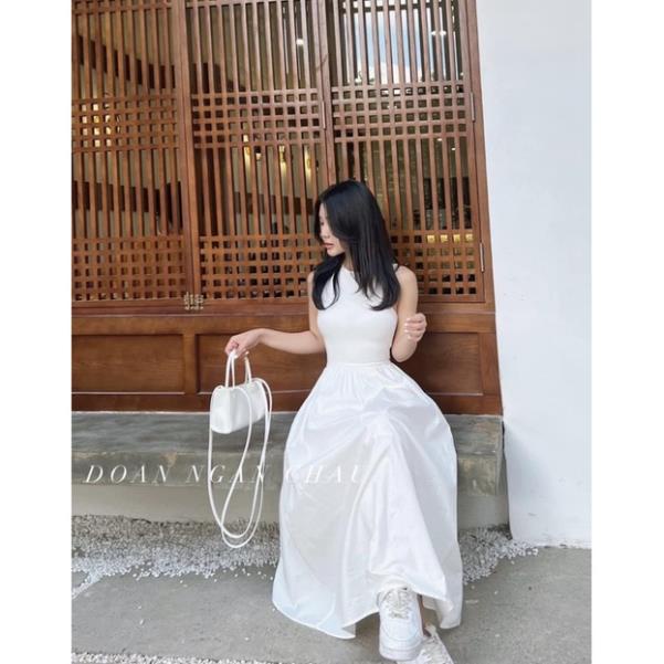 Đầm maxi xòe cổ tròn không tay 2 màu