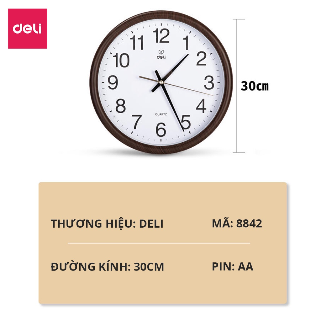 Đồng hồ treo tường số nổi Quartz kim trôi cao cấp Deli - 8948 - sáng trọng, tinh tế - vpp Diệp Lạc (sỉ/lẻ)