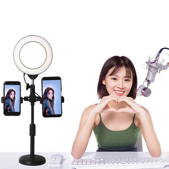 Giá Đỡ 2 Điện Thoại Livestream Quay Video Có Đèn Led, Kẹp Điện Thoại Để Bàn Quay Video Tiktok Có Đèn Led 3 Màu