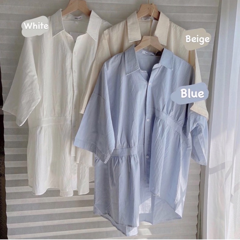 Áo sơ mi cộc tay vạt lệch nhún cách điệu ( Ảnh thật ) | BigBuy360 - bigbuy360.vn