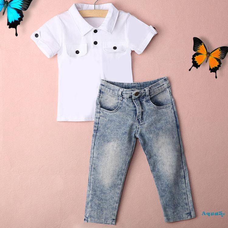 Set áo sơ mi denim dài tay cổ bẻ + Quần jeans dài thời trang cho bé trai