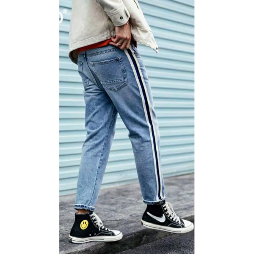 quần baggy jean sọc đen trắng(tặng kèm khẩu trang su 3D) style cá tính