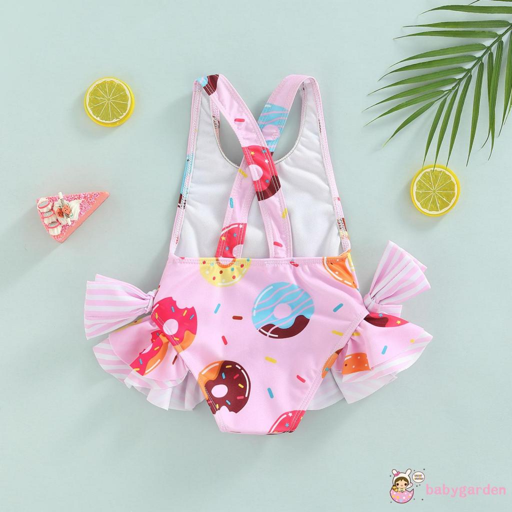 BABYGARDEN-1-6years Baby Girls One-Piece Swimwear, Sleeveless Doughnut/Ice Cream Printed Large Bowknot Ruffled Triangle