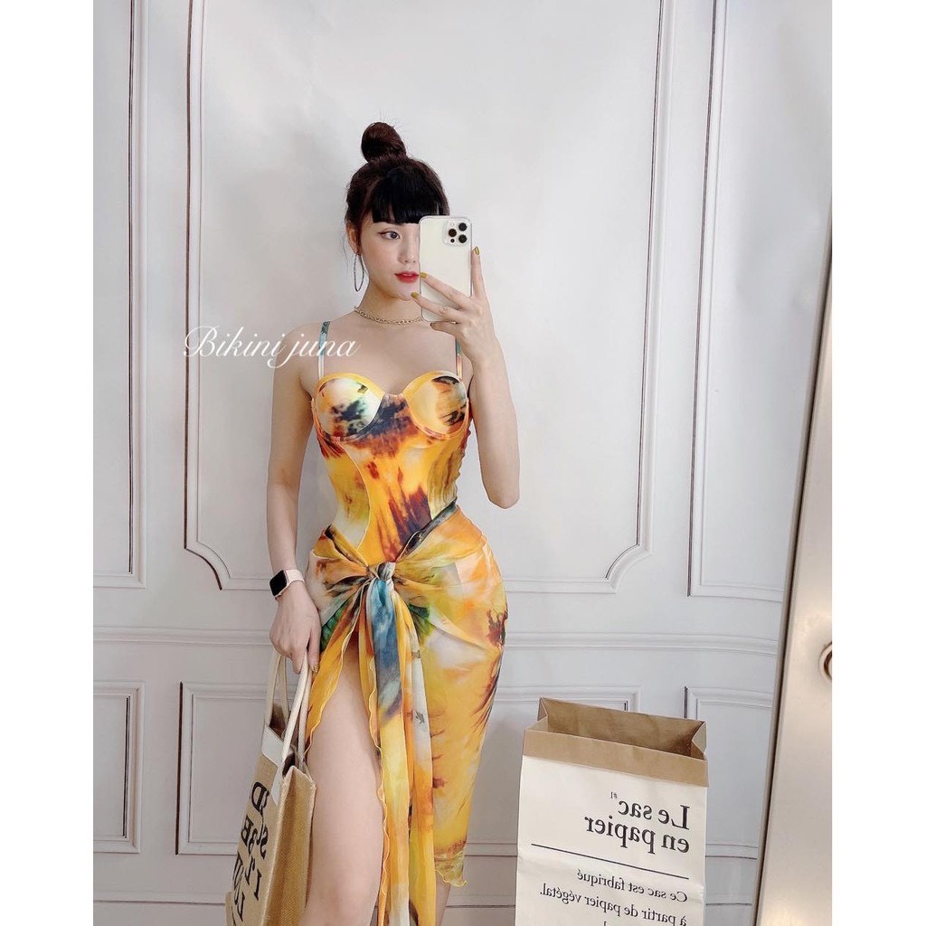 ComBo 2 Món Bikini, Đồ Bơi Đi Biển Một Mảnh Kèm Khăn Họa Tiết Sang Đẹp CB-019