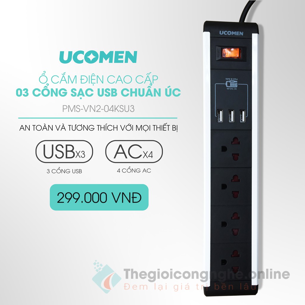 [HÀNG CHÍNH HÃNG] Ổ cắm điện CAO CẤP UCOMEN- 03 cổng sạc USB-Chuẩn ÚC [ NHÀ PHÂN PHỐI CHÍNH THỨC]