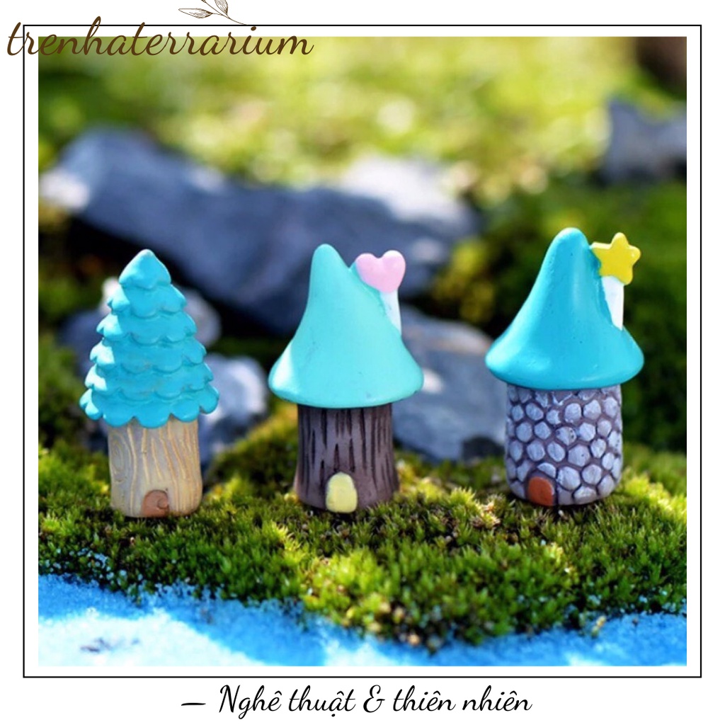Tiểu cảnh nhà nấm xanh trang trí sen đá, xương rồng, terrarium, charm slime, cây cảnh mini, cây để bàn