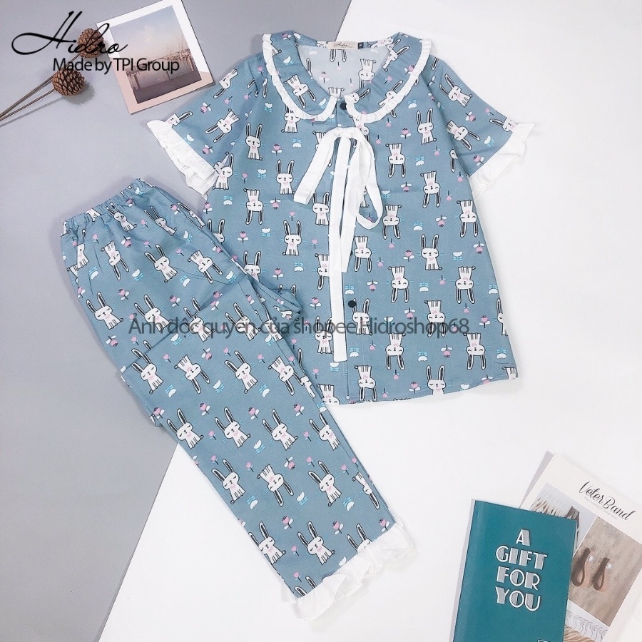 Bộ Ngủ Pijama Phối Nơ Bèo Tay Ngắn Quần Dài Họa Tiết Dễ Thương Thiết Kế Cao Cấp Phong Cách Tiểu Thư | WebRaoVat - webraovat.net.vn