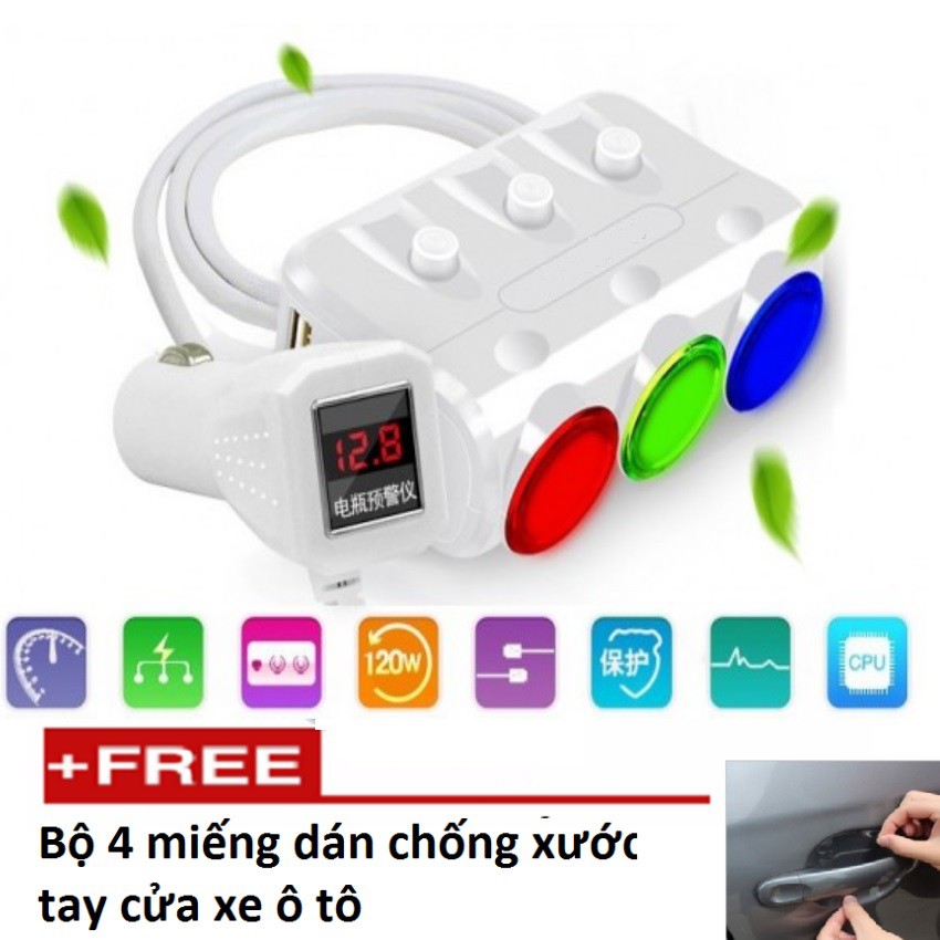 Bộ chia 3 nguồn tẩu thuốc ô tô kèm 2 cổng USB cao cấp TL 489 (Trắng) Tặng Kèm bộ 4 miếng dá cửa xe oto 239.