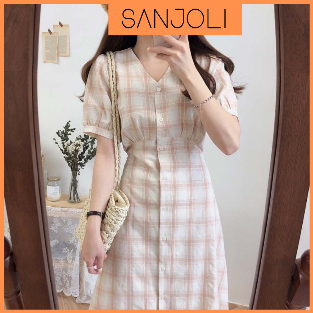 Đầm Dự Tiệc Caro SANJOLI Váy Công Sở Cao Cấp Thiết Kế Suông Kiểu BabyDoll Hàn Quốc Tiểu Thư Đi Chơi Xanh VD046