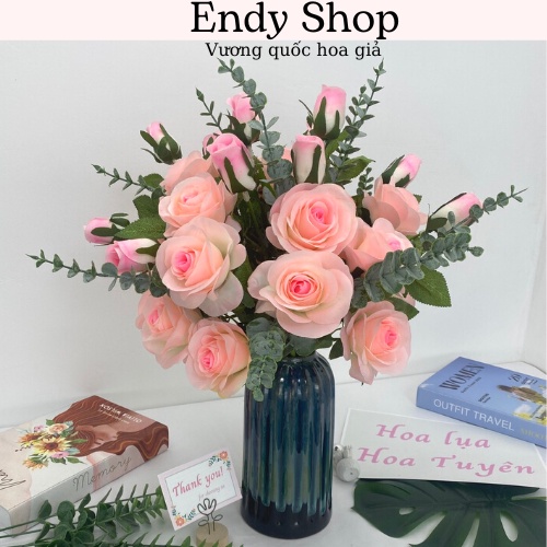 Hoa hồng giả 2 bông 1 nụ Hoa giả trang trí nhà cửa, quán cà phê, decor phòng, phụ kiện chụp ảnh - Endy Shop