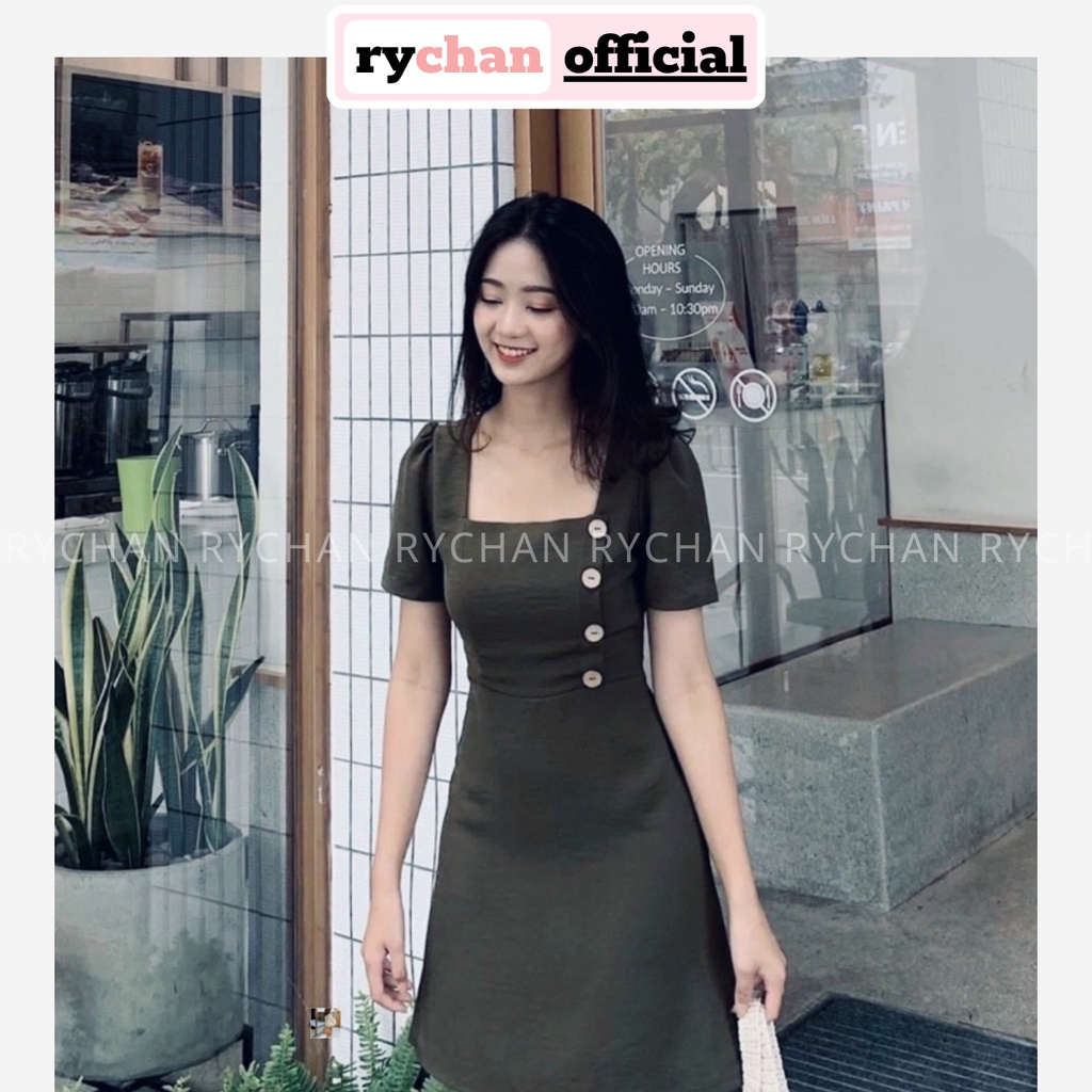 Đầm Xoè Rêu Cổ Vuông Đính Nút Gỗ - DX9984
