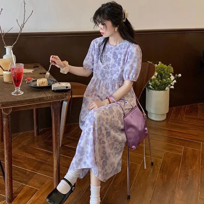 Váy baby doll hoa nhí cổ tròn dáng dài