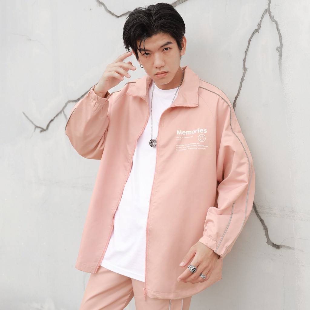 Áo Khoác Jacket Memories Form Thoải mái Unisex Chất Liệu Polyester Vải Dù Màu Hồng