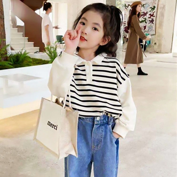 Áo Sweater công chúa phối họa tiết kẻ sọc phong cách Hàn Quốc thời trang thu đông cho bé gái