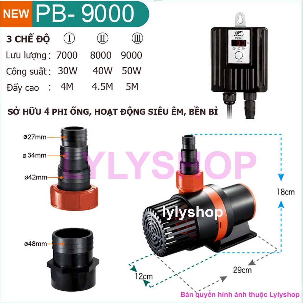 Bơm Hồ Cá PERIHA PB-9000, 90W, Lưu Lượng 9000L/h, Đẩy Cao 5.5m, Chuyên Hồ Koi, Lọc Bể Cá