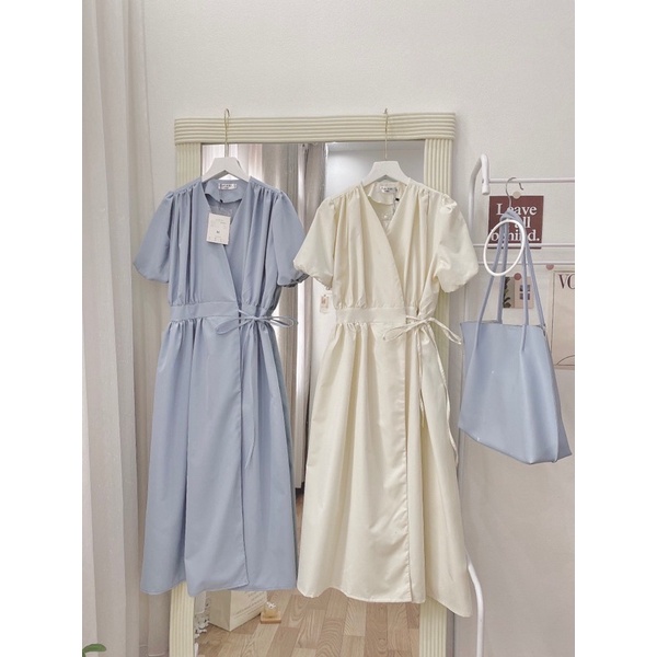 Váy maxi tay bồng vạt chéo cột nơ chất thô mùa hè trơn đi chơi cafe chụp ảnh nàng thơ du lịch nữ tính hàn quốc