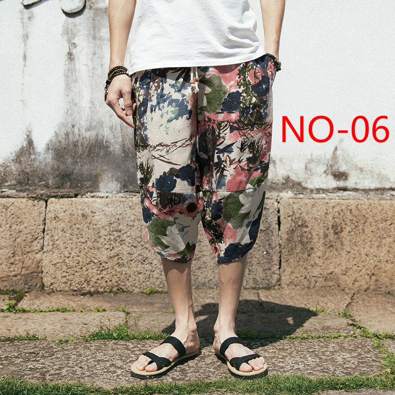 Men's Japanese Retro National Style Printed Casual Capris Men's Loose Casual Pants