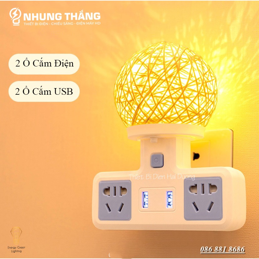Ổ Cắm Điện Đa Năng - Đèn Ngủ Cầu Mây - 2 Cổng USB , Ổ Chịu Tải 2500W, Chống Cháy Nổ - Tặng Kèm Phích Chuyển Đổi