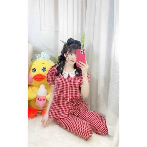 Bộ mặc nhà nữ hoạ tiết kẻ ô cổ ren Bộ pijama hàng thiết kế cao cấp