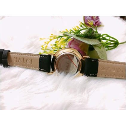 Đồng hồ đôi nam nữ Halei dây da đen mặt ngọc chính hãng Tony Watch 68