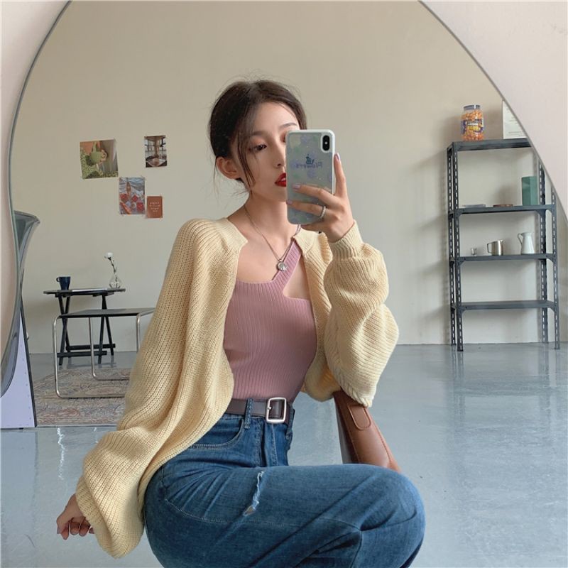 Order - Áo cardigan dáng ngắn dệt kim tay bồng không kèm croptop