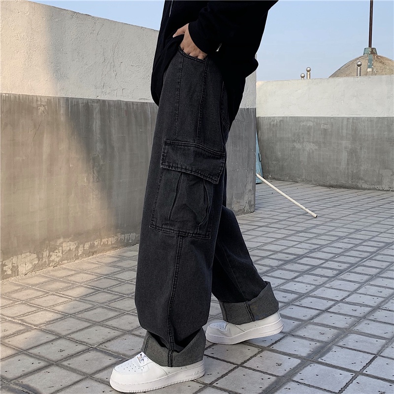 Quần denim 191581 dáng dài ống suông rộng cá tính thời trang phong cách đường phố cho cả nam và nữ