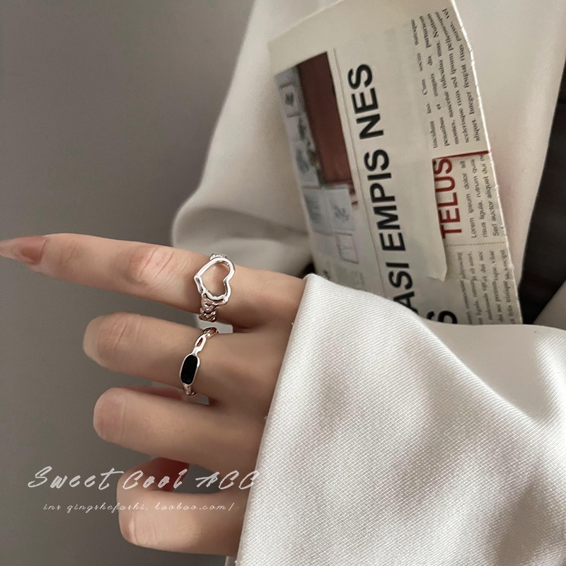 Set 2 Nhẫn Bạc Khắc Trái Tim Rỗng Có Thể Điều Chỉnh Kích Cỡ