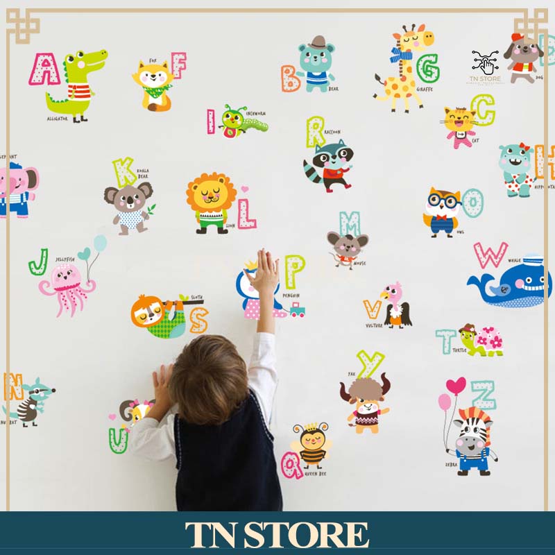 DECAL DÁN TƯỜNG BẢNG CHỮ CÁI CÓ HÌNH CON VẬT- HÌNH DÁN CON VẬT TIẾNG ANH CHO BÉ HỌC