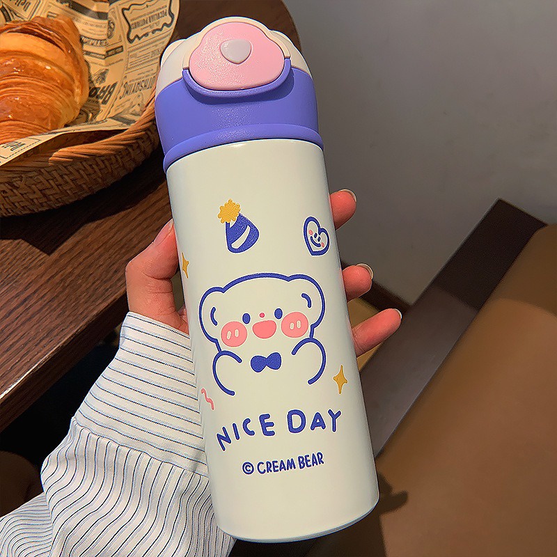 Bình nước gấu dễ thương 420ml inox304 giữ nhiệt tiện lợi học sinh viên, dân văn phòng, tập gym thể thao, cho bé hottrend