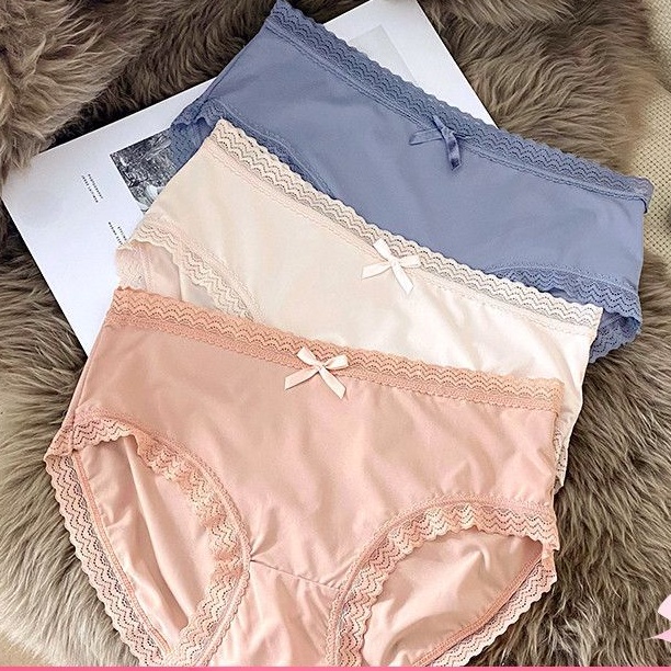 Set 3  Quần Lót Đúc Su Viền Ren Phối Nơ kèm Túi Bấm Khuy