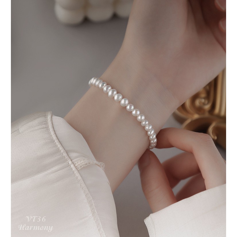 Vòng tay, lắc tay nữ bạc mạ vàng ngọc trai nhân tạo chuỗi sang chảnh, xinh xắn VT36| Trang sức bạc Harmony