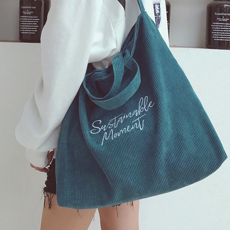 IELGY Túi Đeo Vai Vải Nhung Kẻ Thêu Chữ Cái Thời Trang Cho Nữ