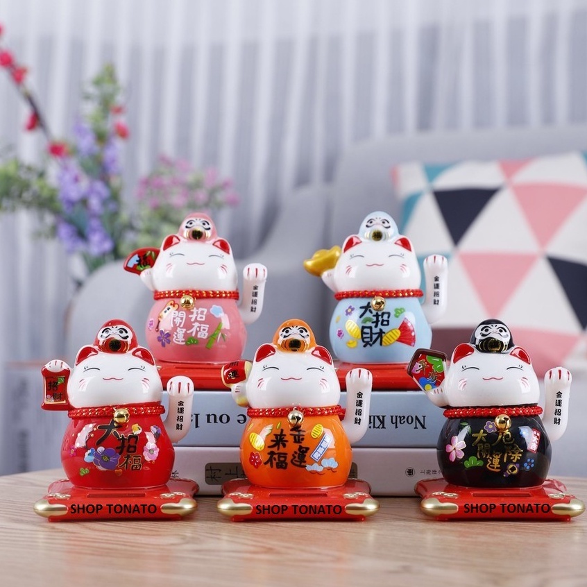 (MUA NHIỀU GIẢM GIÁ)MÈO THẦN TÀI, MÈO MAY MẮN MANEKI NEKO 18040 NĂNG LƯỢNG MẶT TRỜI VẪY TAY CAO 11CM
