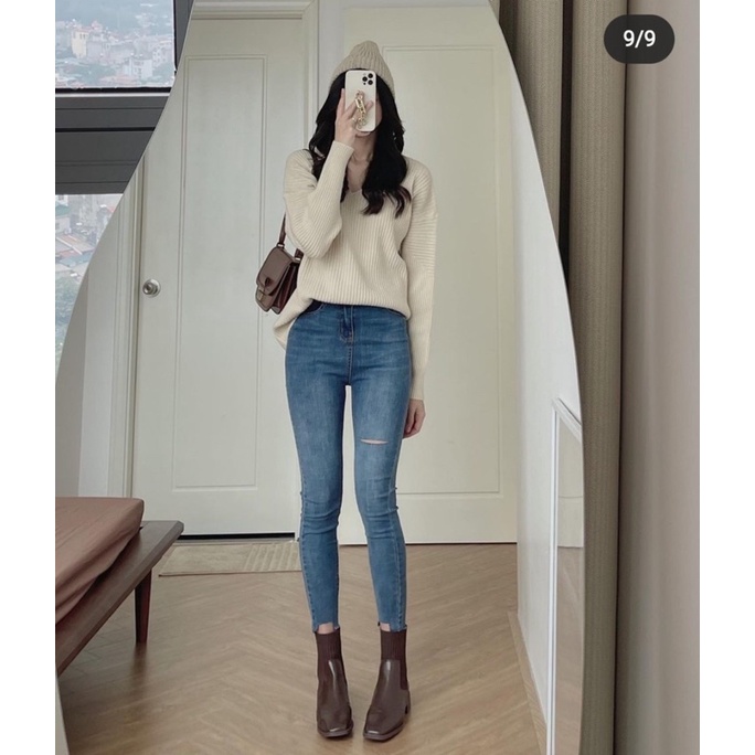 Quần jeans nữ lưng cao co giãn bó sát, quần bò cắt gấu điệu xẻ đùi trẻ trung