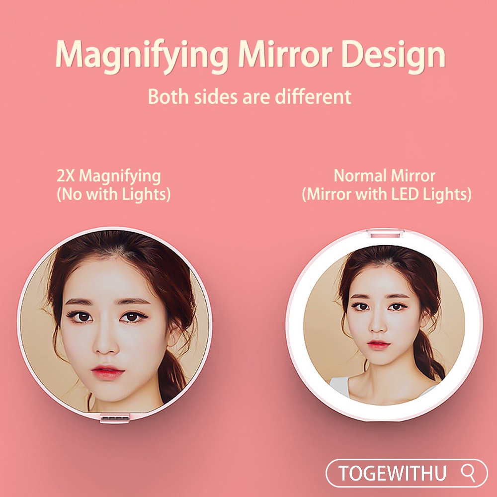 TOGEWITHU Gương Trang Điểm Bỏ Túi 2 Mặt Có Đèn LED Phóng To 1x/2x