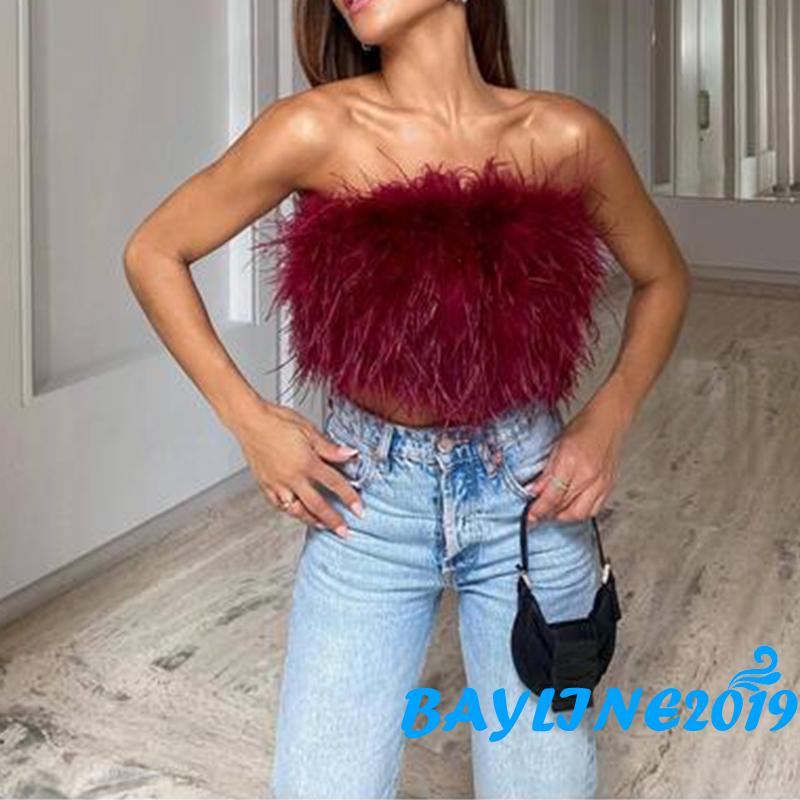 BAY-Women Artificial Fur Feather Vest, Sleeveless Solid Color Strapless Fluffy Backless Slim Fit Tube Tops