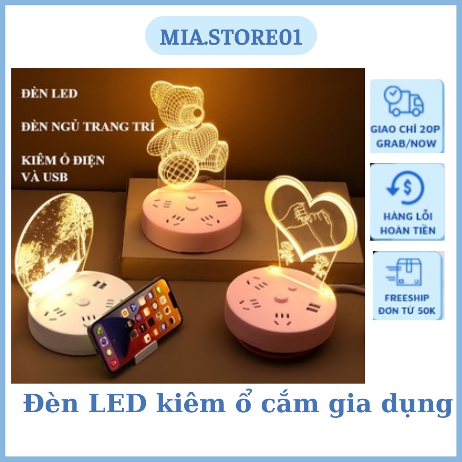 Đèn led kiêm Ổ Cắm Gia Dụng Sáng Tạo Đèn Ngủ Bảo Vệ Mắt Đa Chức Năng, USB Có Tấm Pha Lê Ổ Cắm Tròn [mia.store]