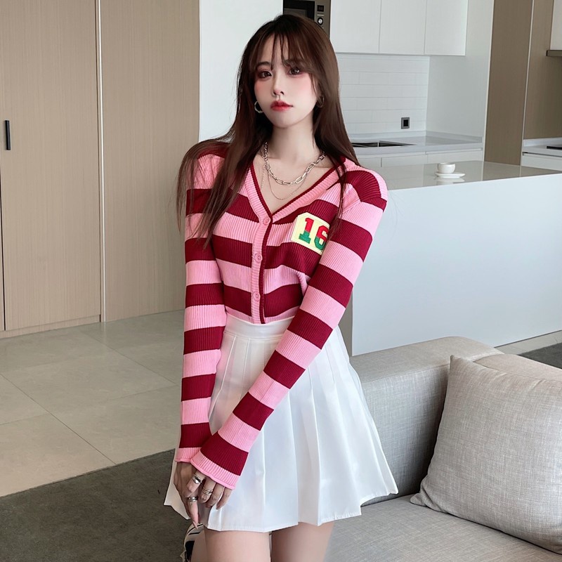 Áo Khoác Cardigan Dệt Kim Cổ Chữ V Dáng Rộng Kẻ Sọc Xinh Xắn