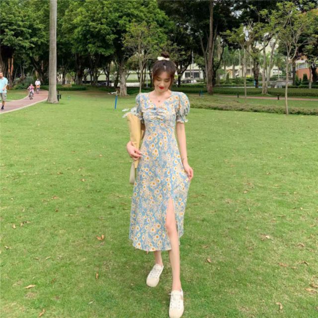[GÍA HỦY DIỆT 8.8 ]váy hoa cúc trắng xẻ tà màu xanh | BigBuy360 - bigbuy360.vn