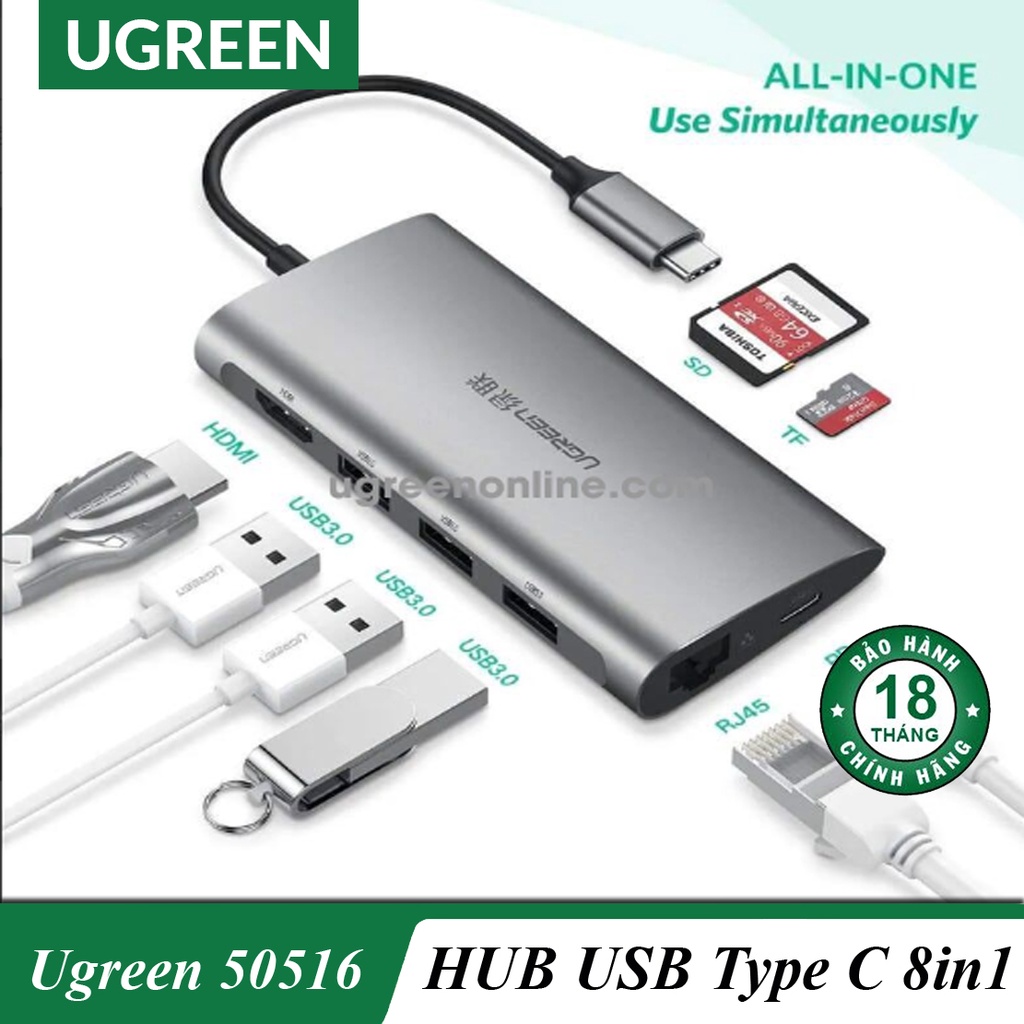 Ugreen 50516  HUB USB Type C to 3xusb 3.0 / HDMI / RJ45 / sd&amp;tf converter bạc - Hàng Chính Hãng