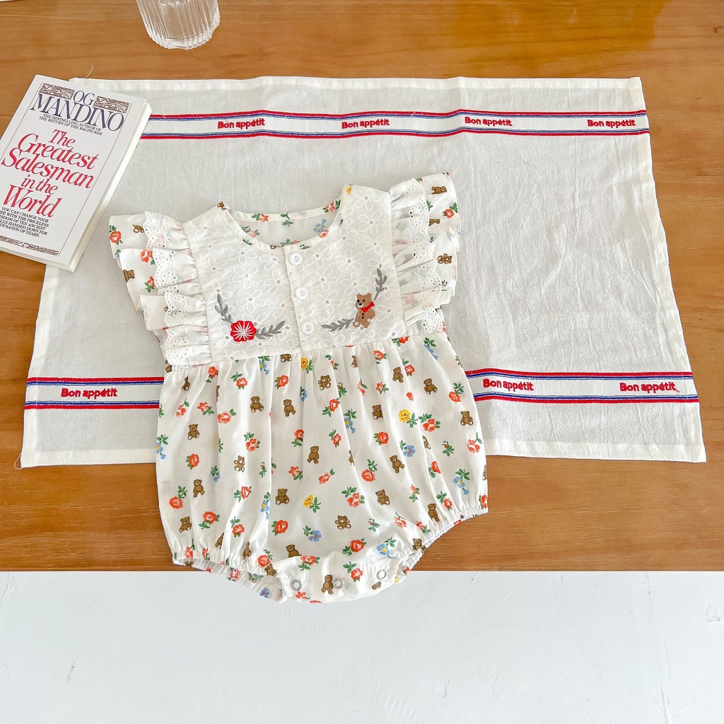 Bộ Áo Liền Quần Tay Cánh Tiên Chất Liệu Cotton In Hình Gấu Và Hoa Thời Trang Mùa Hè Phong Cách Phương Tây Cho Bé Gái 2022