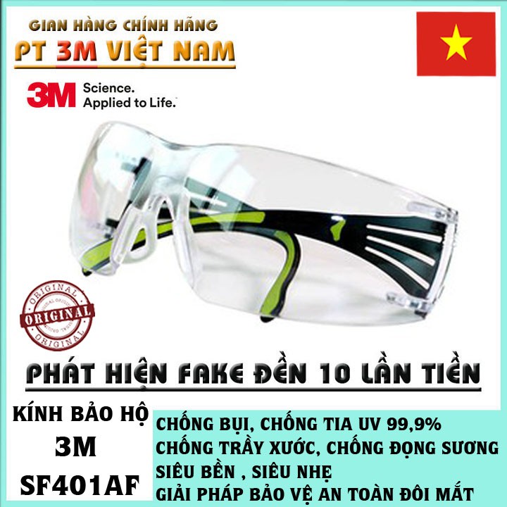 Kính bảo hộ 3M SF401AF kính chống bụi chống tia UV chống đọng sương chống trầy xước (màu trắng)