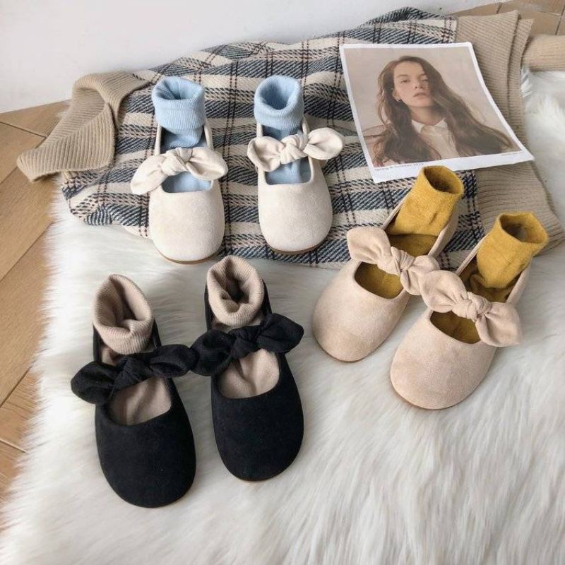 Giày Bệt Nơ Tiểu Thư Ulzzang Chất Da Lộn
