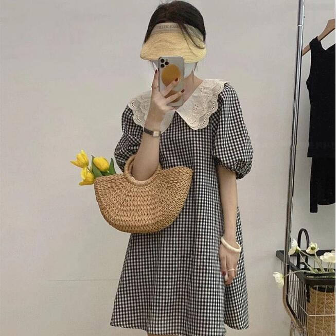 Đầm Cổ Peter Pan Kẻ Sọc Caro Phong Cách Phương Tây Trẻ Trung 2022 Cho Nữ