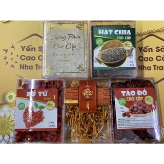 nguyên liệu chưng yến-bộ sản phẩm táo đỏ, hạt chia, đông trùng hạ thảo,kỷ tử,đường phèn