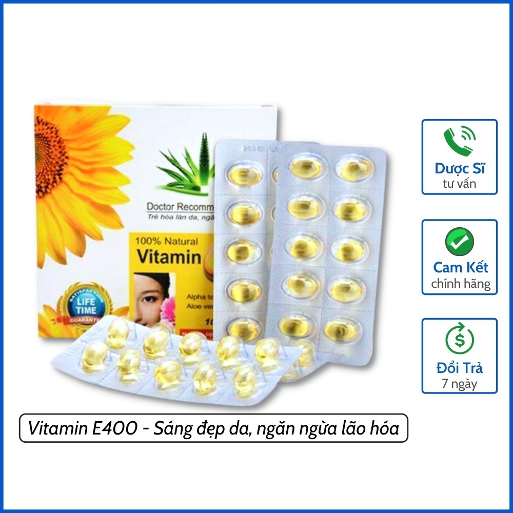 Viên uống đẹp da Vitamin E400, Hộp 100v bổ sung Vitamin E 400 kèm tinh chất lô hội giúp chống lão hóa, tốt cho sinh lý